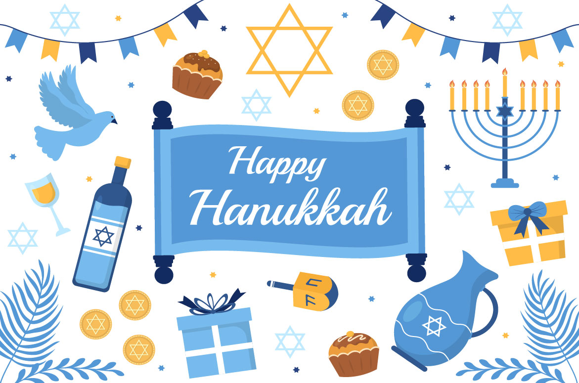 14 Happy Hanukkah Jewish Holiday Illustration with symbols.