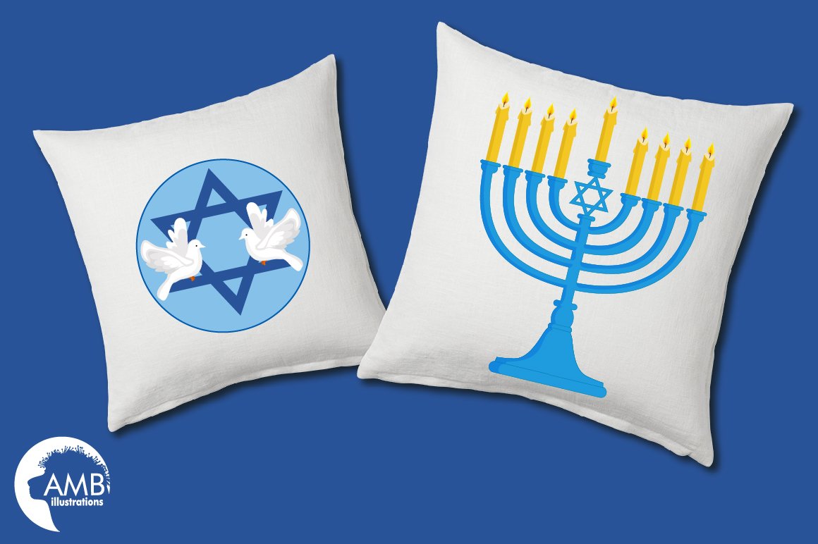 The image of two pillows with the image of a candlestick and doves.