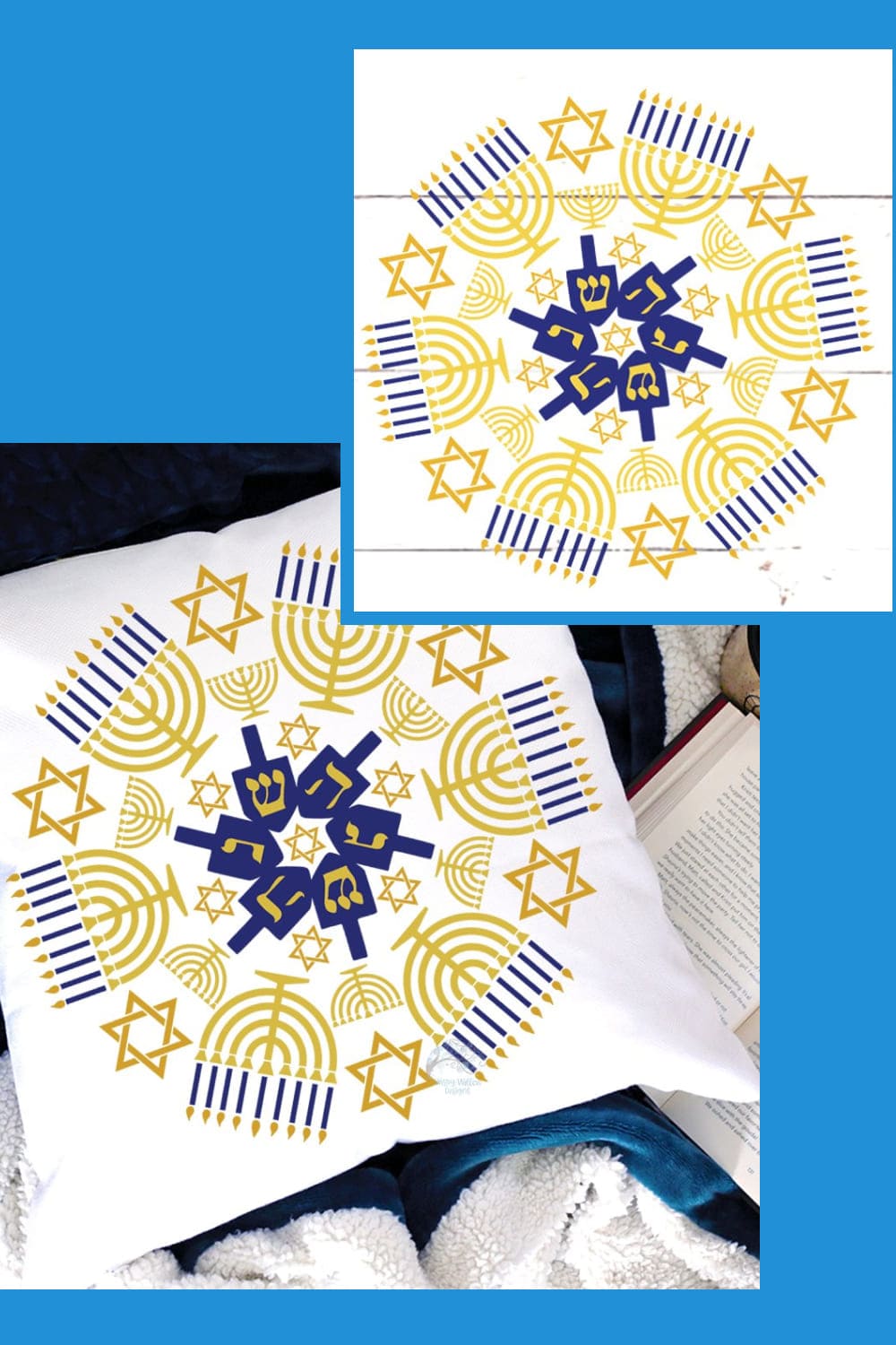 Pillow with design Hanukkah Mandala on a blue background.