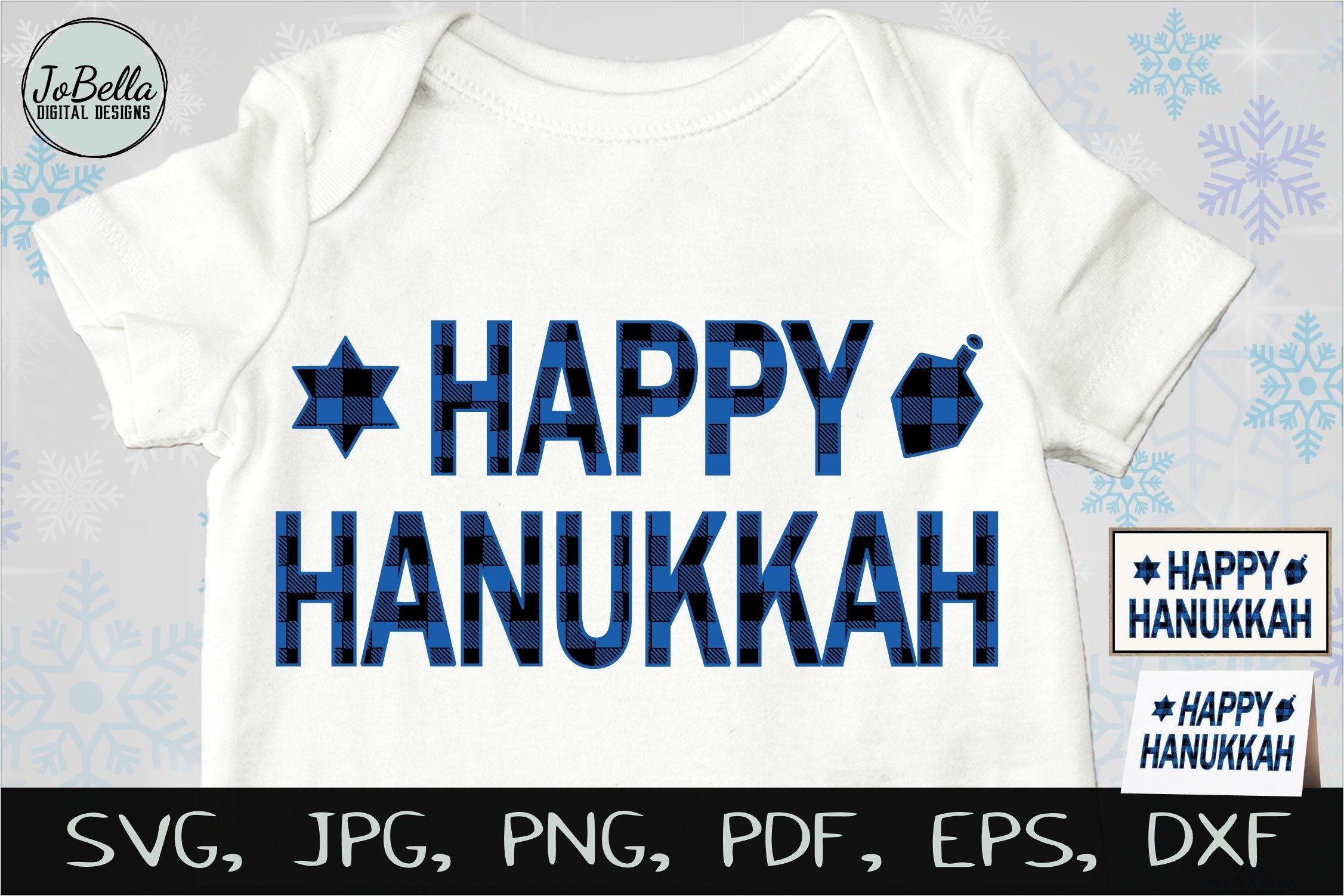 The lettering "Happy Hanukkah" on a white baby bodysuit.