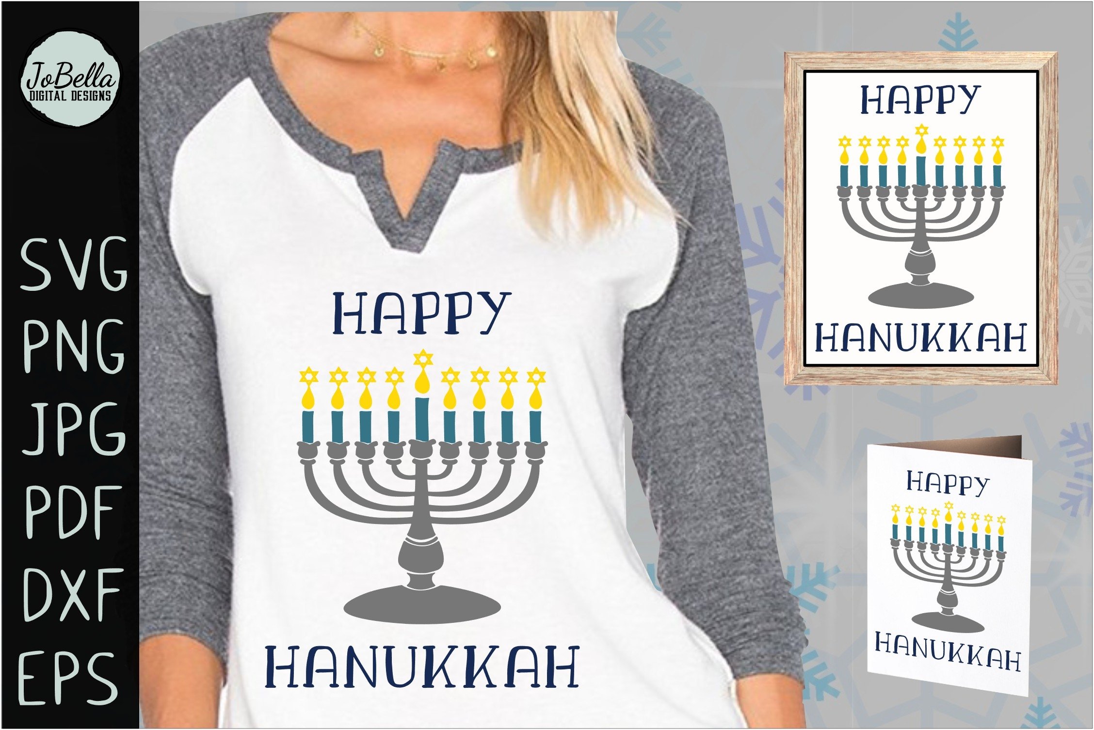 Shirt with the lettering "Happy Hanukkah" and image candlestick on woman.