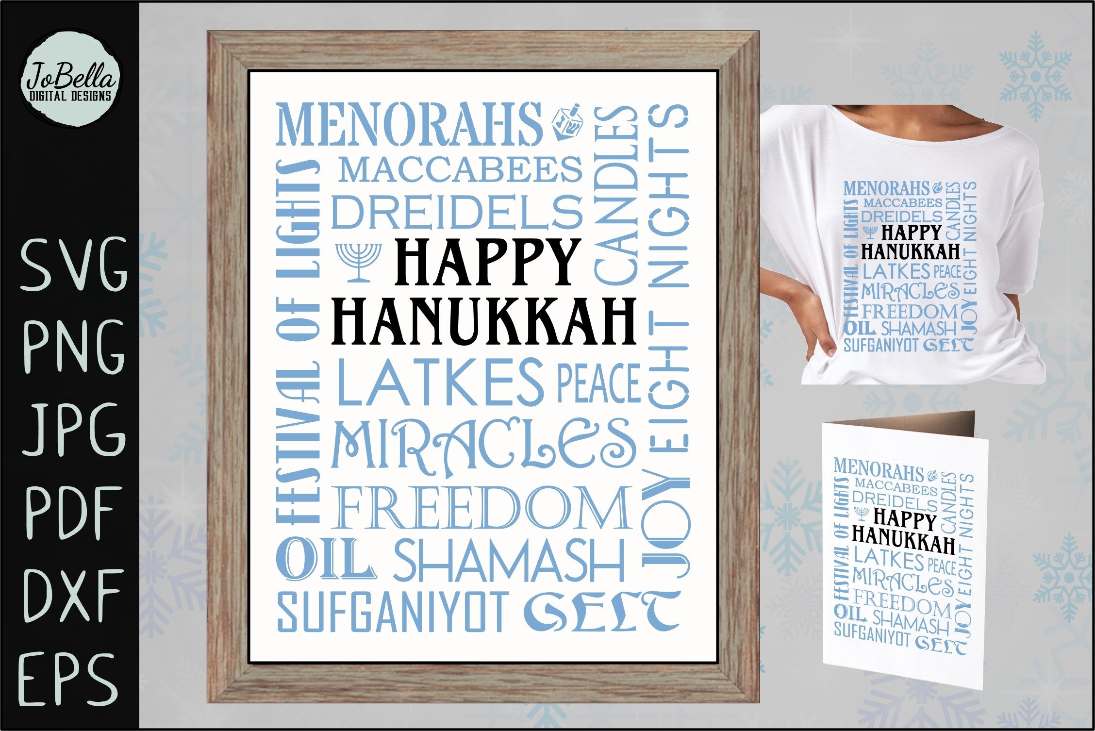 The black lettering "Happy Hanukkah" on a white background with light blue letterings.