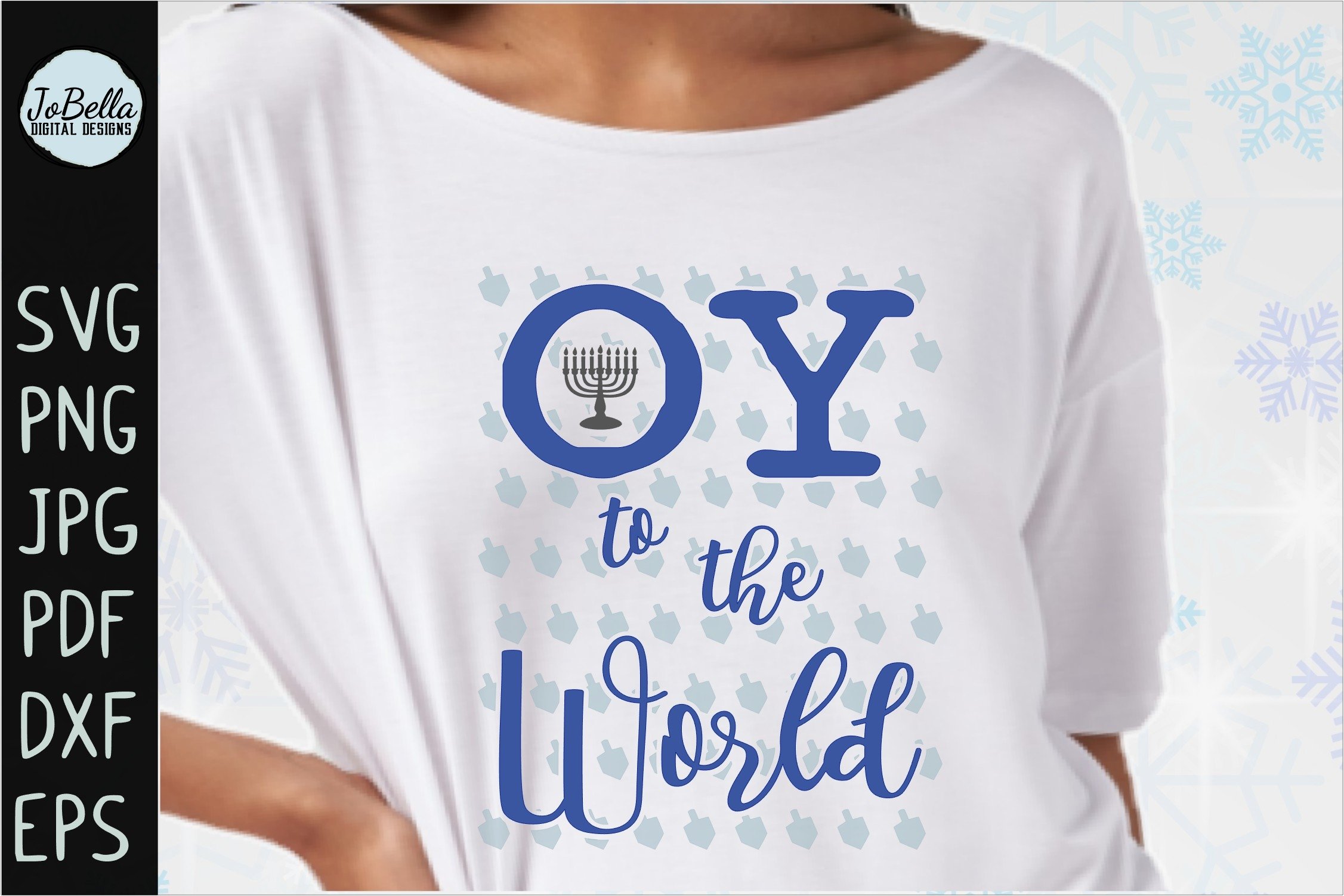 White t-shirt with the lettering "OY to the World".