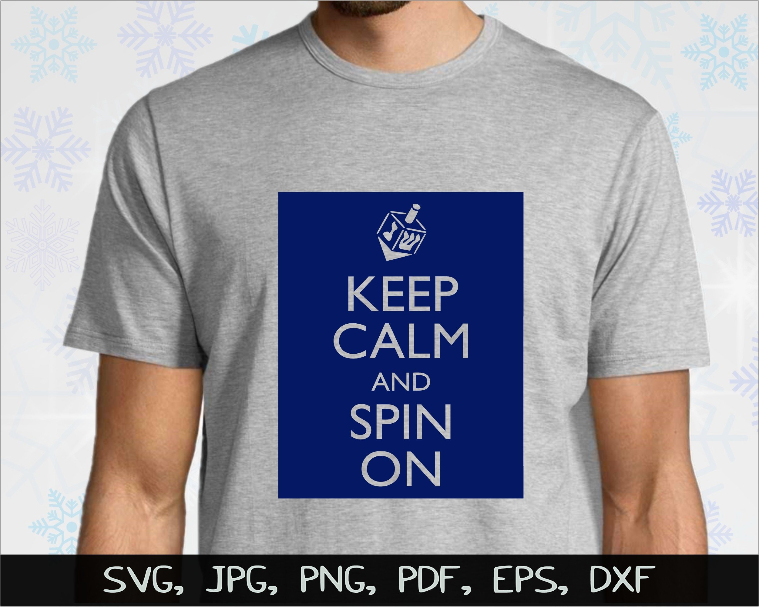 Grey T-Shirt with the lettering "Keep calm and spin on" on a blue background.