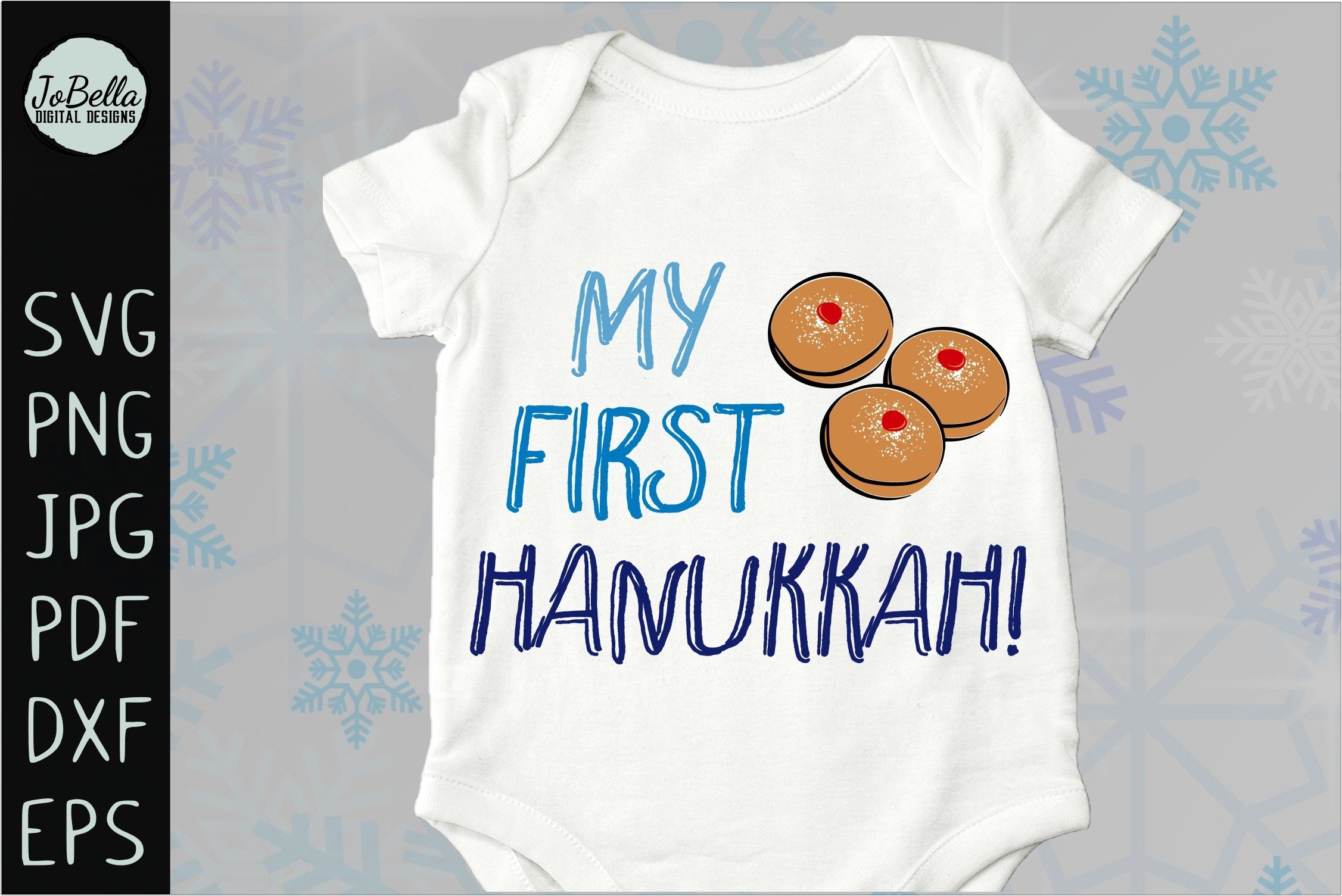 White baby bodysuit with the lettering "My first Hanukkah!".