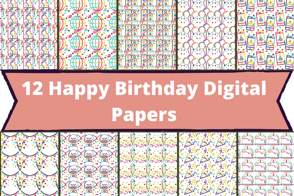 The white lettering "12 happy birthday digital papers" on a pink background and 10 different birthday theme images.