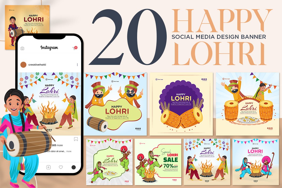 Iphone Mockup with post of Instagram, the black lettering "20 Social Media Design Banner", the peach lettering "Happy Lohri" and 8 different template of post on a light pink background.