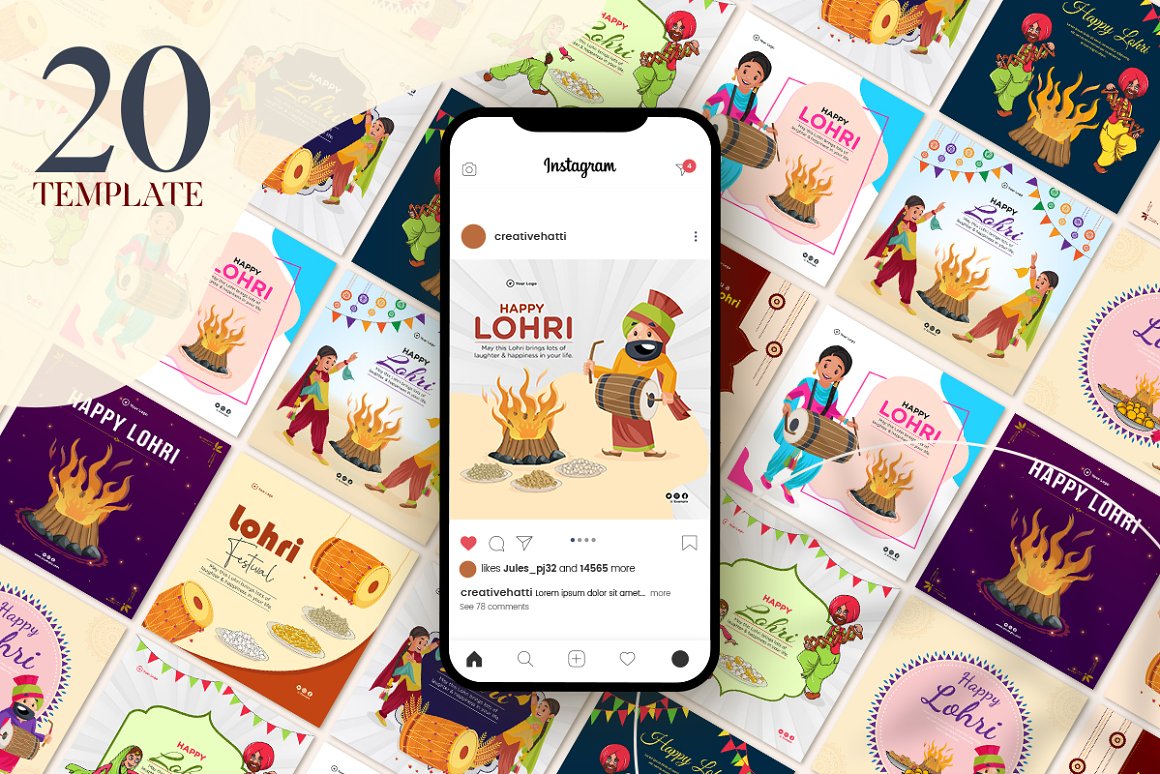 Iphone Mockup with post of Instagram with the lettering "Happy Lohri" on a background with post templates and the black lettering "20 template" on a light pink background.