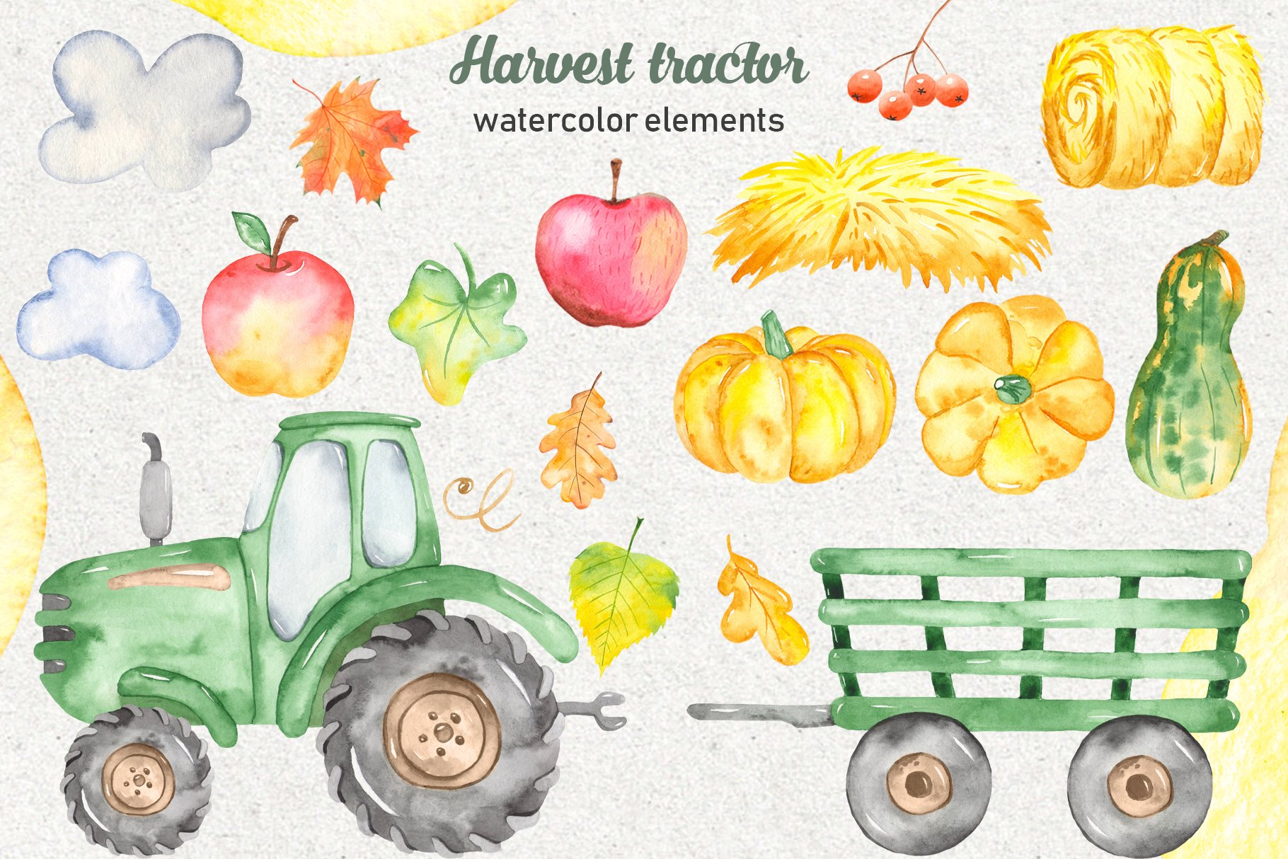 Cool green tractor with yellow pumpkins and red apples.