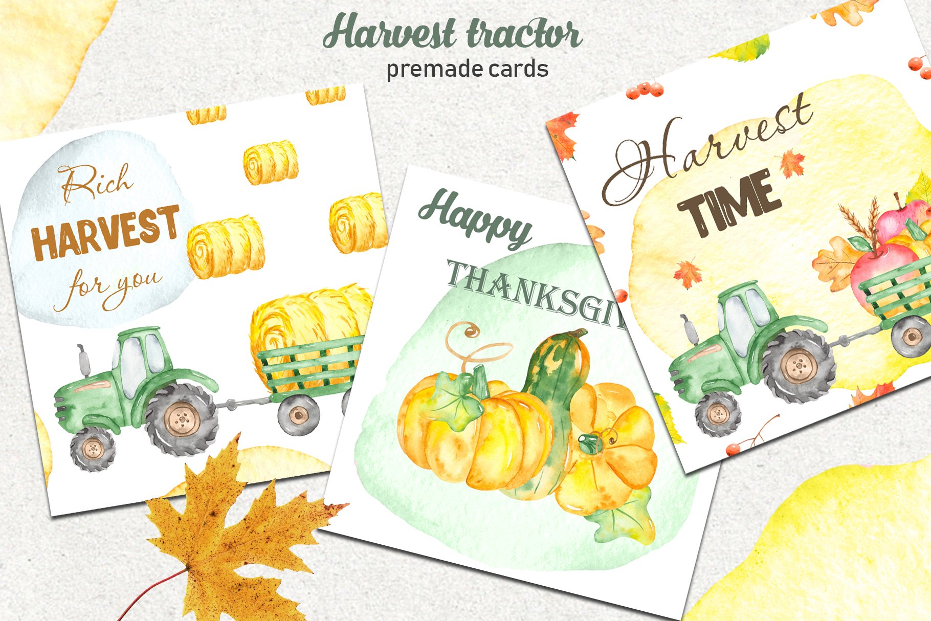 White cards with autumn illustrations.