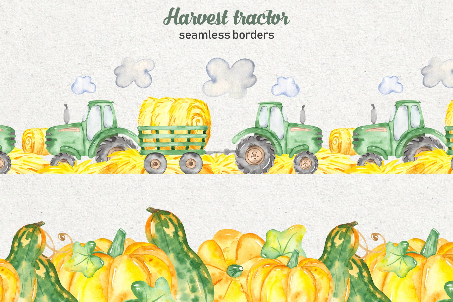 Yellow illustration with pumpkins and trucks.