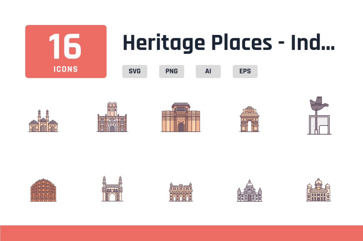 The white lettering "16 icons" on a red background, the black lettering "Heritage Places - Ind..." and 10 different icons of heritage sites and Indian cities on a white background.