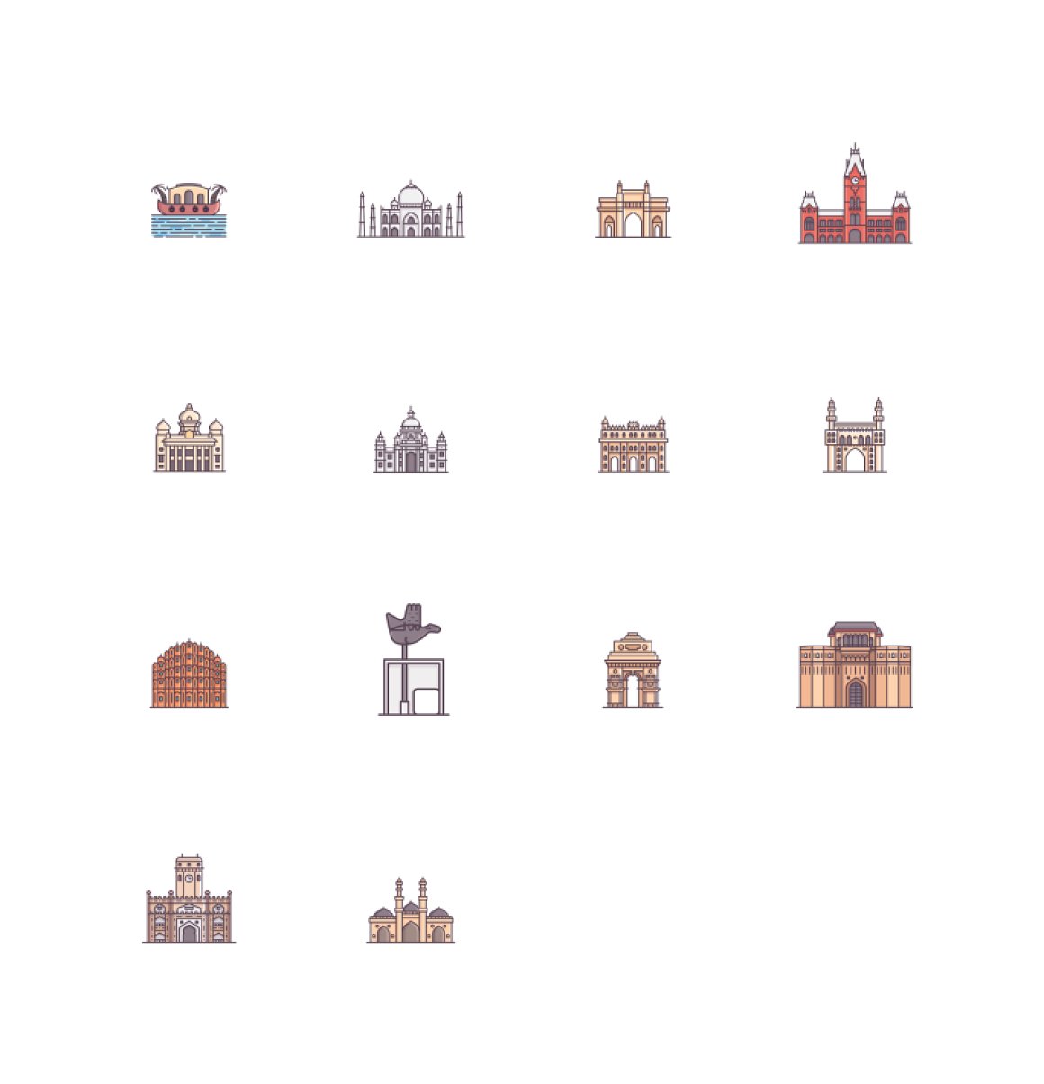 14 different icons of heritage sites and Indian cities on a white background.
