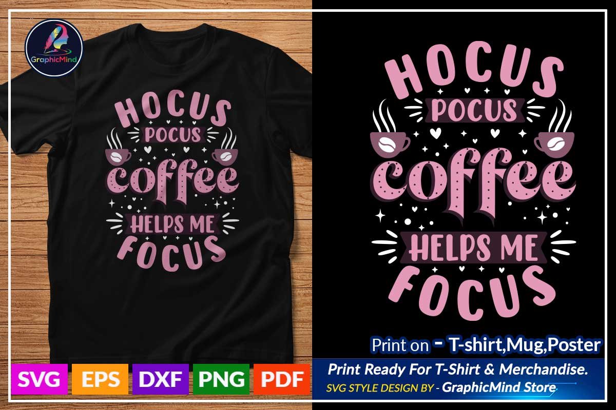 Pink coffee lettering on a black t-shirt.