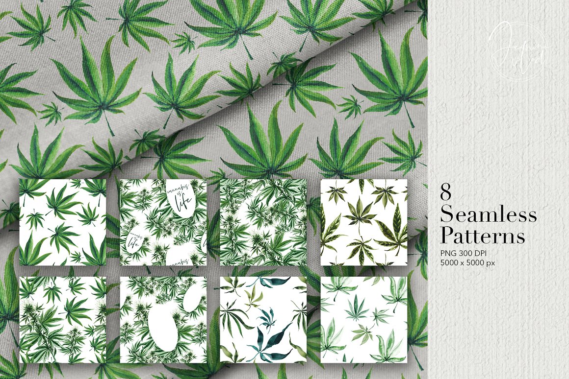 8 seamless patterns I Love Cannabis - Watercolor Set.