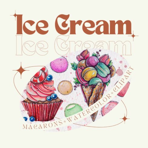Ice Cream macarons watercolor hand-painted printable clipart.