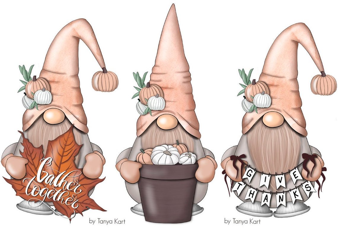 Three gnomes with flowers in their hats.