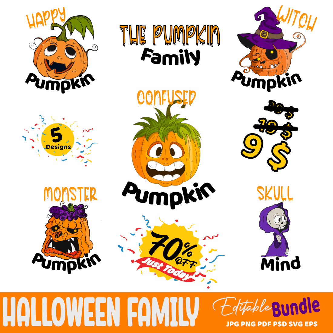 Halloween Pumpkin Bundle - 5 Designs preview image.