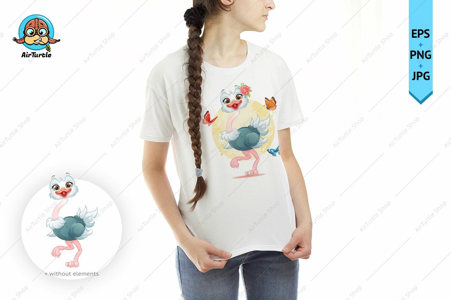 Classic white t-shirt with cute and happy ostrich.