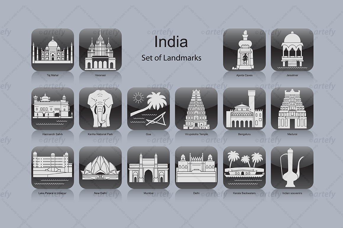 The black lettering "India Set of Landmarks" on a ivory background and 16 different white icons of India landmark on a black background.