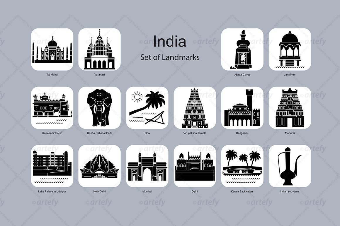 The black lettering "India Set of Landmarks" on a ivory background and 16 different black icons of India landmark on a white background.