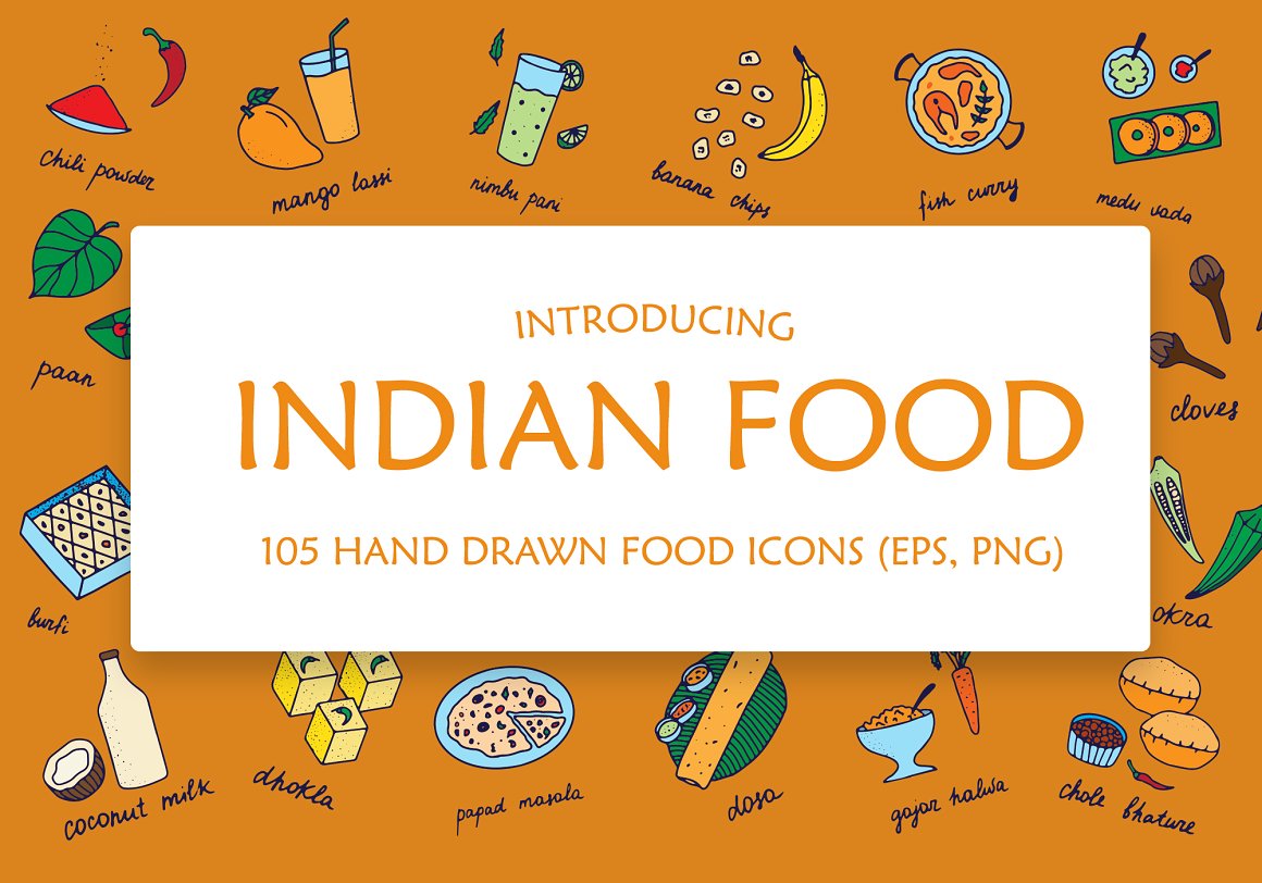 The orange lettering "Introducing Indian Food 105 Hand drawn food icons (EPS,PNG)" on a white background and different colorful food icons on a orange background.