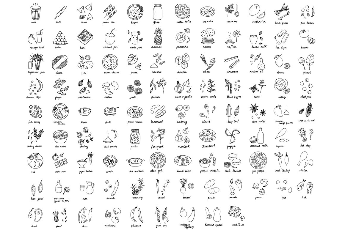105 different black food icons on a white background.