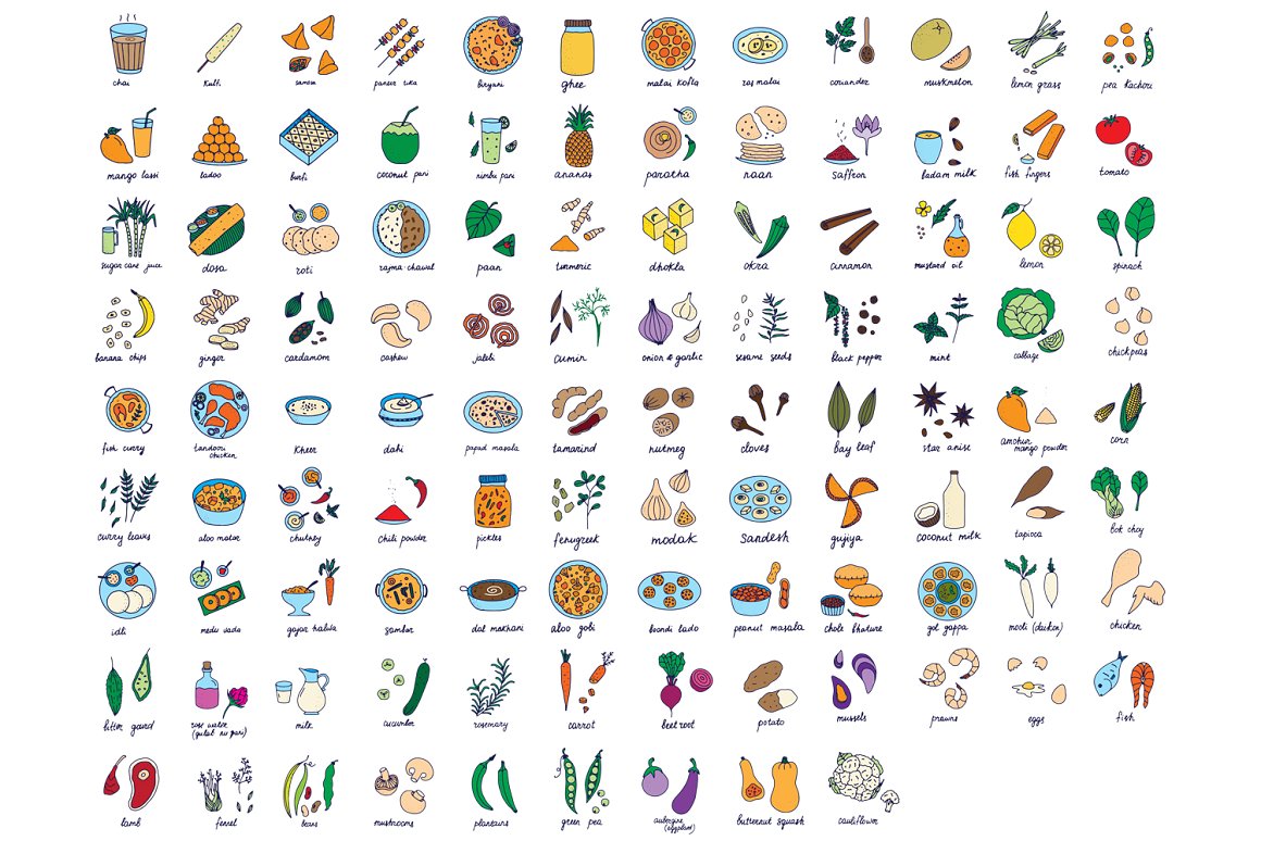 105 different colorful food icons on a white background.