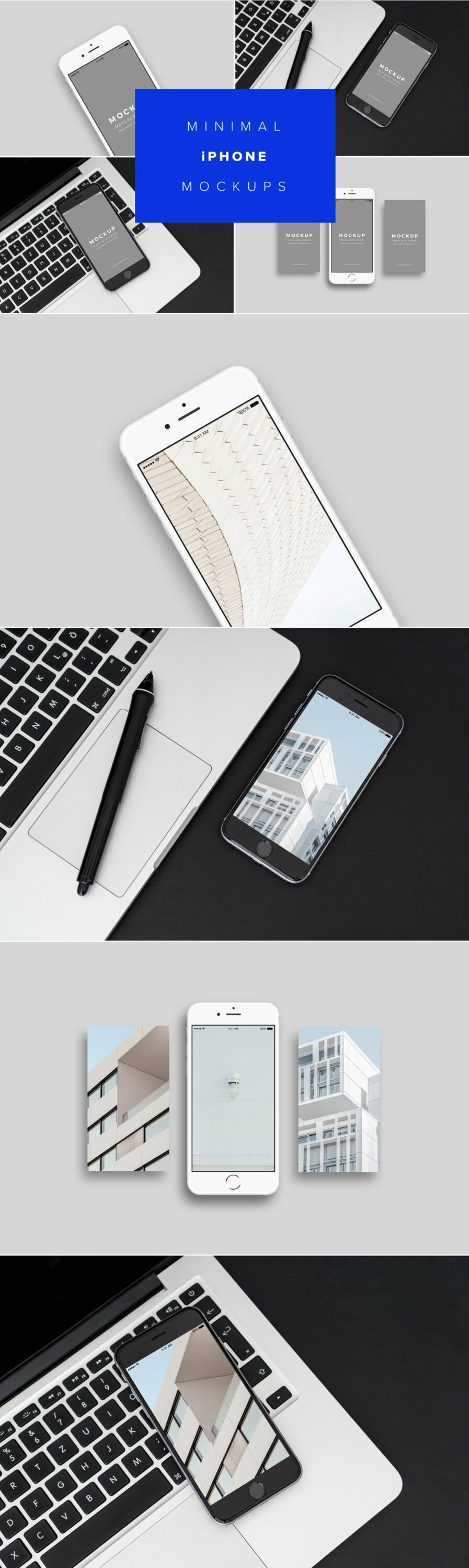 The lettering "Minimal IPhone Mockups" on a blue background and 8 IPhone images.
