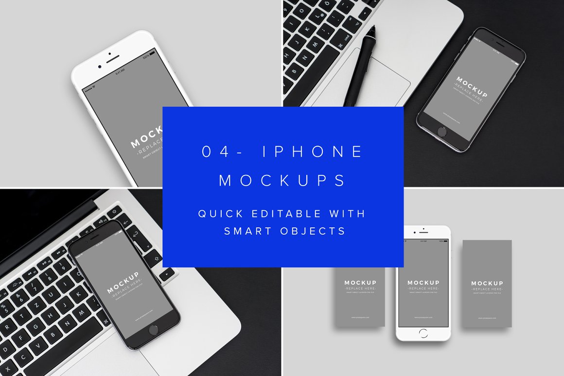 The lettering "04 - IPhone Mockups Quick editable with smart objects" on a blue background and 4 images of IPhone Mockup.