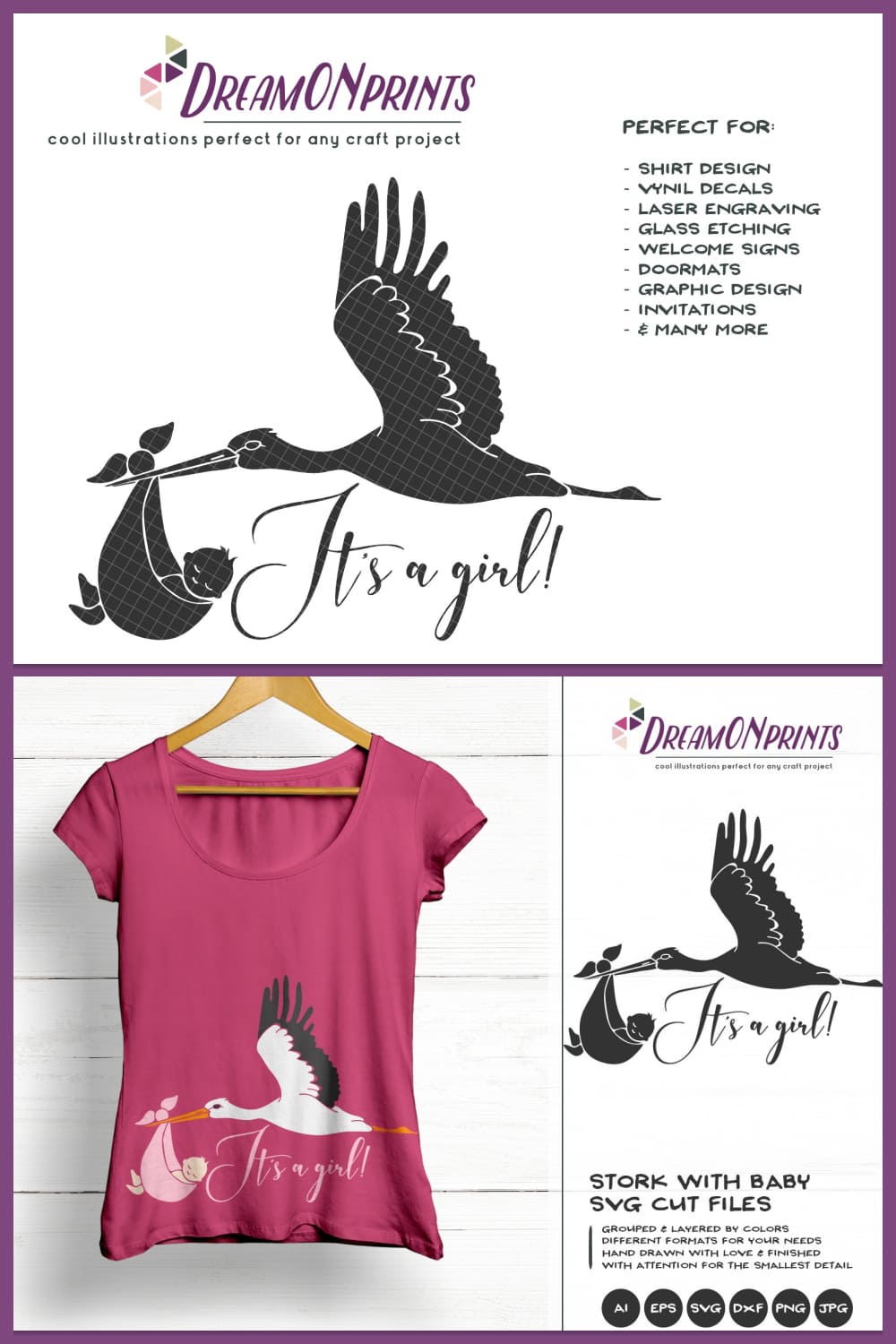 Stork SVG Cut File - pinterest image preview.