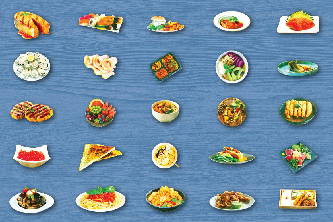 Blue background with diverse of dishes with seafood.