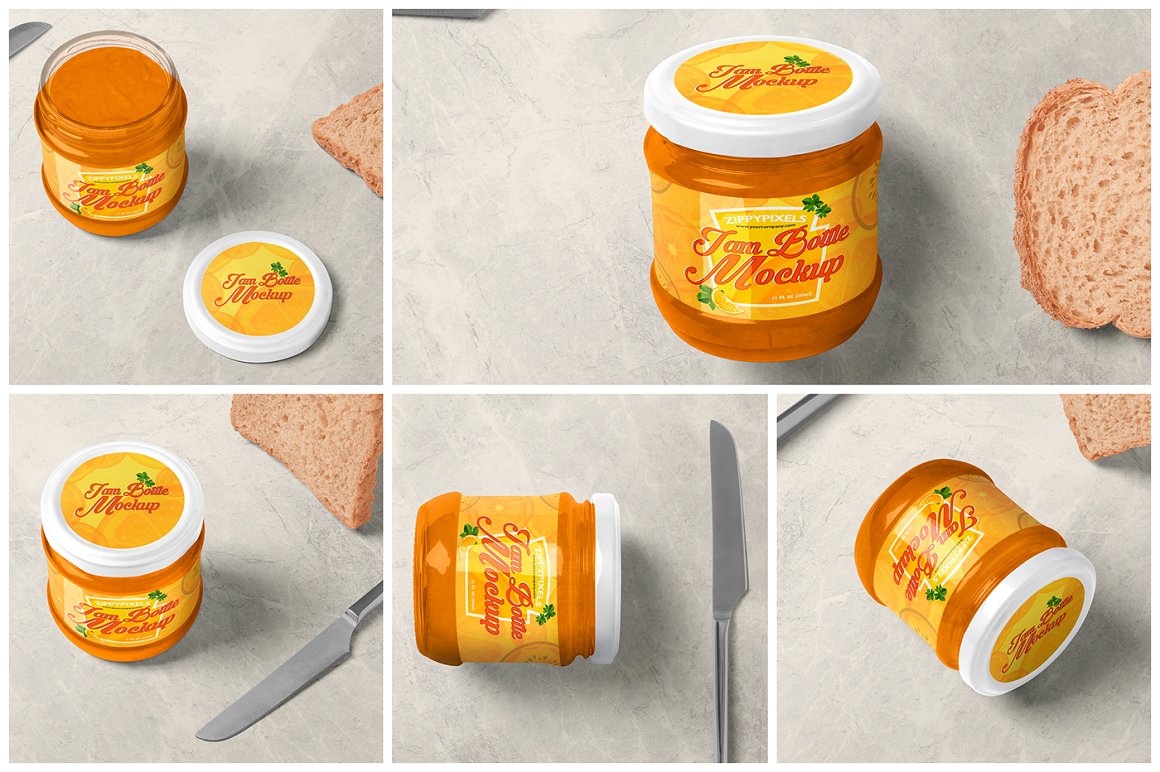 5 different images with orange glass jam jar with white lid and orange label with the lettering "I am Bottle Mockup".