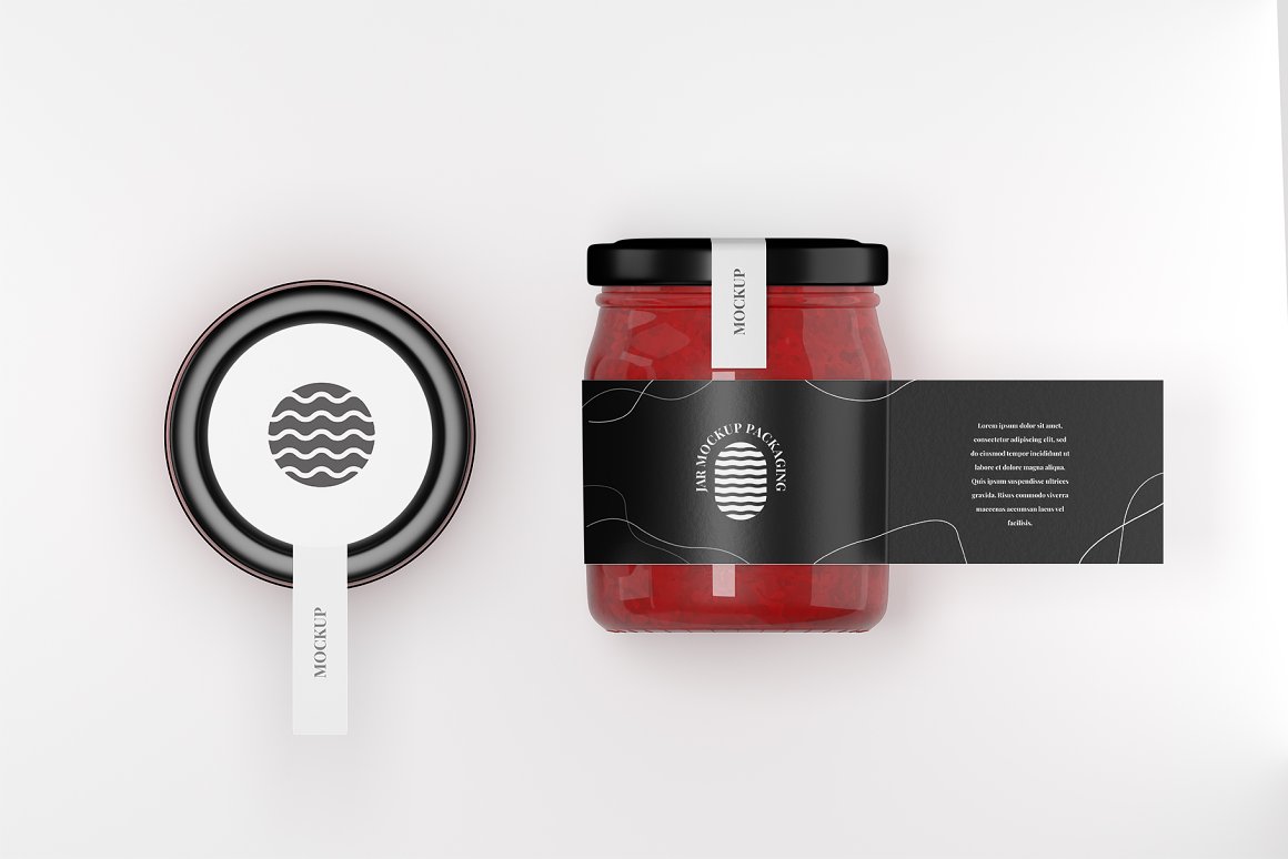 Jam in the glass jar with black label "Jar Mockup Packaging" and black cover with white wave label.