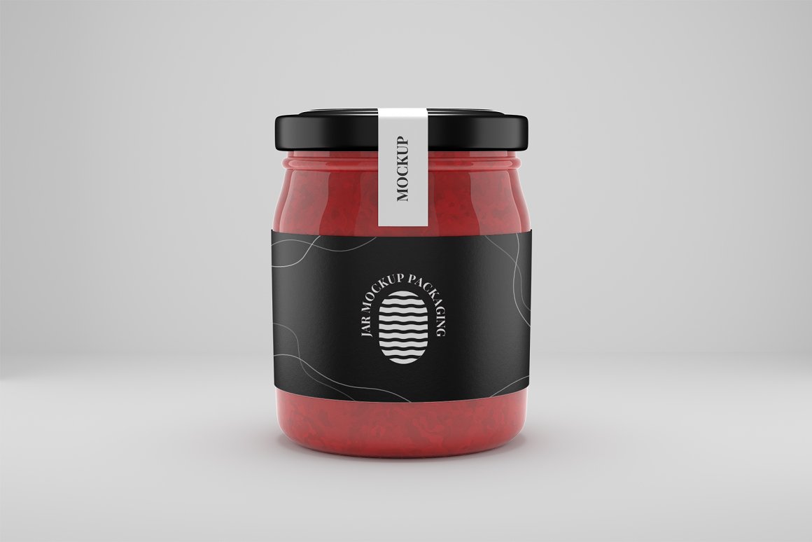 Jam in the glass jar with black label "Jar Mockup Packaging" and black cover.