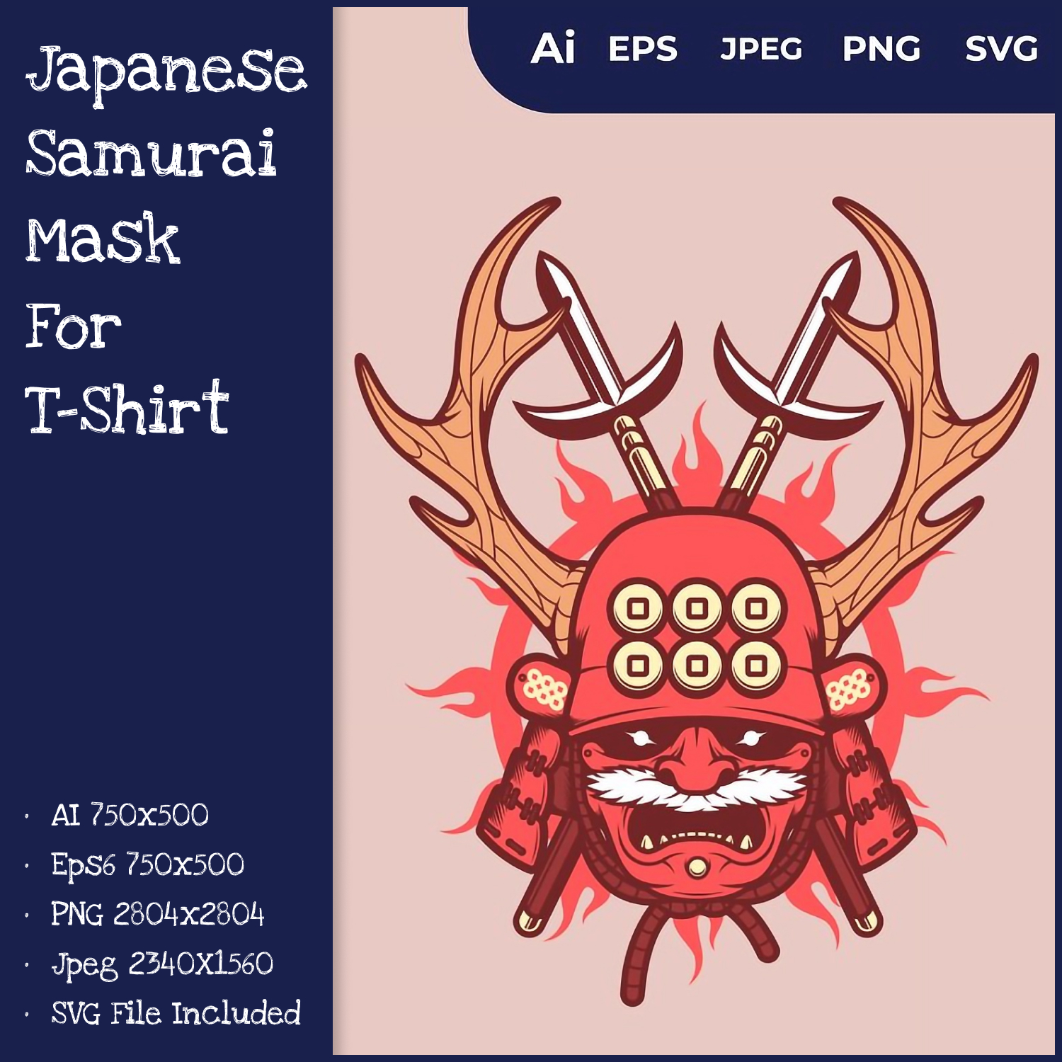 Japanese Samurai Mask for T-Shirt.