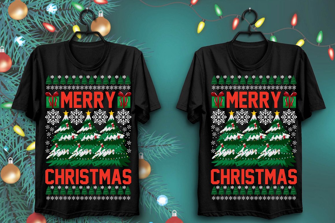 Black T-shirts with a fantastic print of snow-covered Christmas trees.