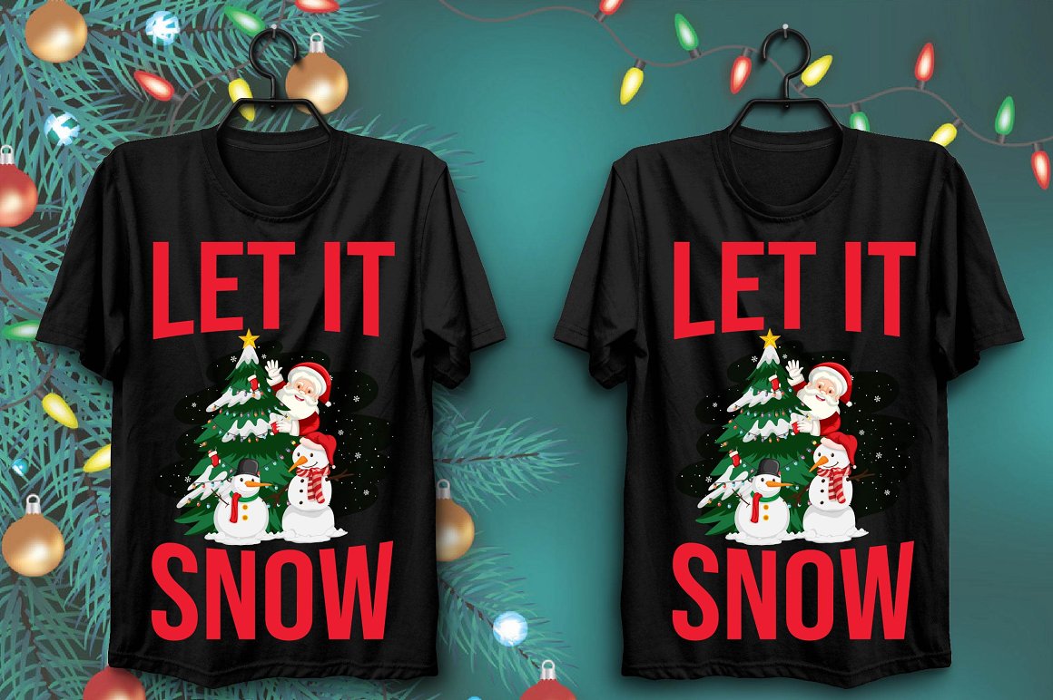 Black t-shirts with a bright print of Santa and two snowmen.