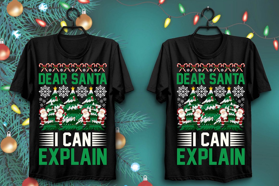 Black T-shirts with a memorable Santa print surrounded by snow-covered Christmas trees.