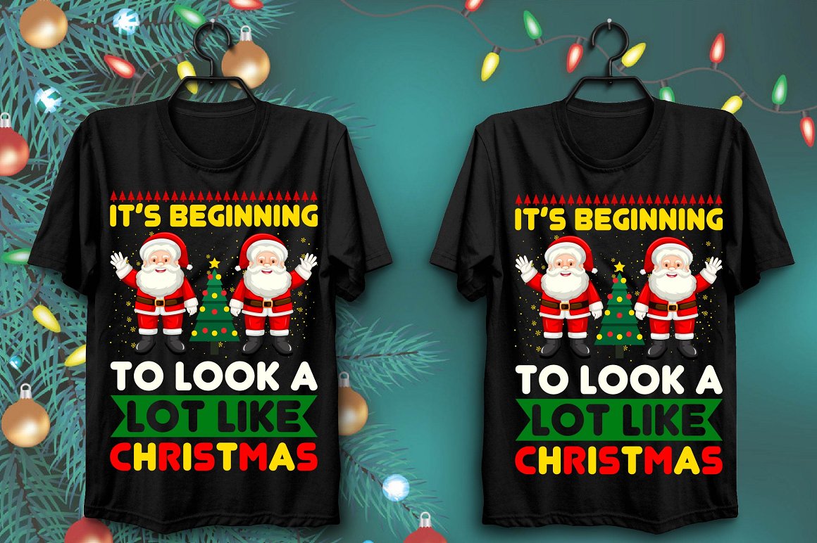 T-shirts with a colorful print of two beautiful Santas.