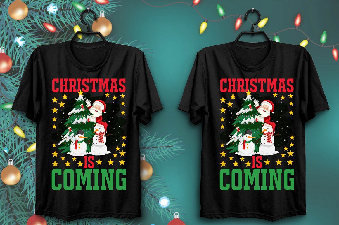Black T-shirts with colorful print of Santa and two snowmen.
