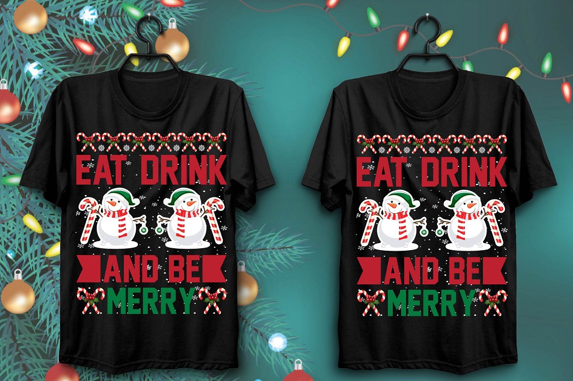 T-shirts with a colorful print of two beautiful snowmen.