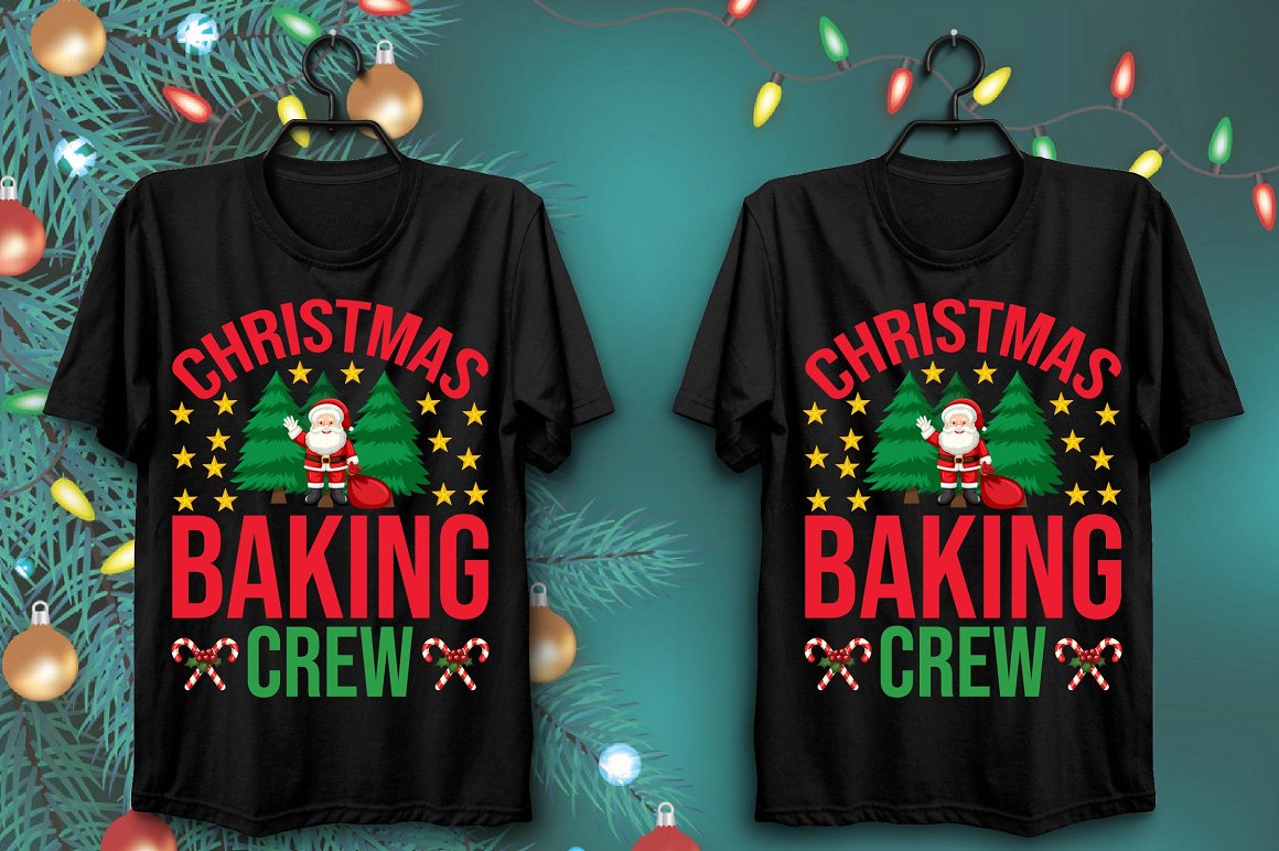 Black T-shirts with colorful print of Santa and two Christmas trees.