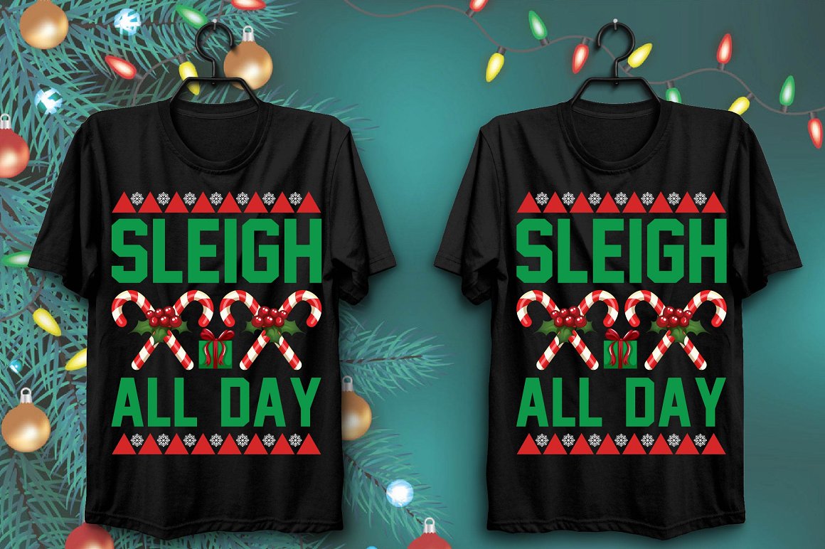 Black T-shirts with green slogan and Christmas candy print.