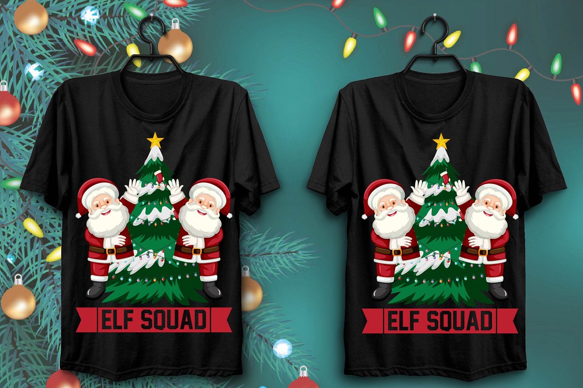 T-shirts with a colorful print of two Santas near the green Christmas tree.