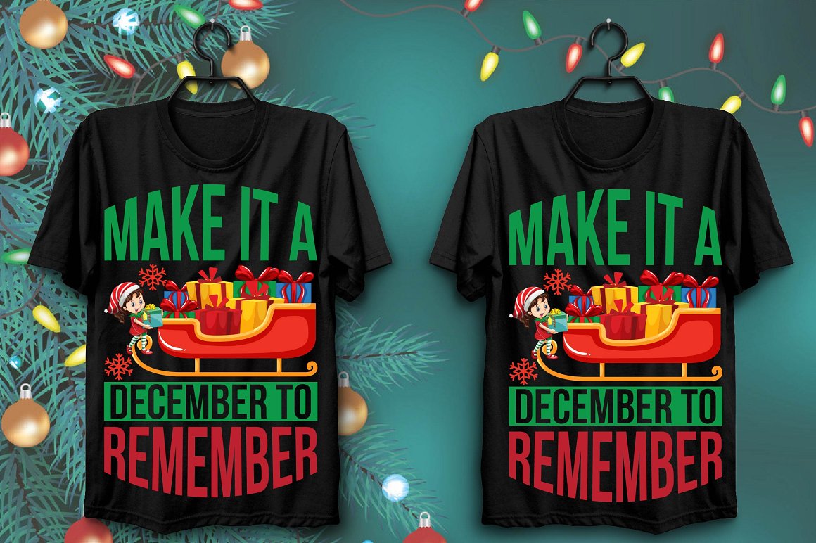 Black t-shirts with a fantastic print of Santa's New Year's sleigh with gifts.