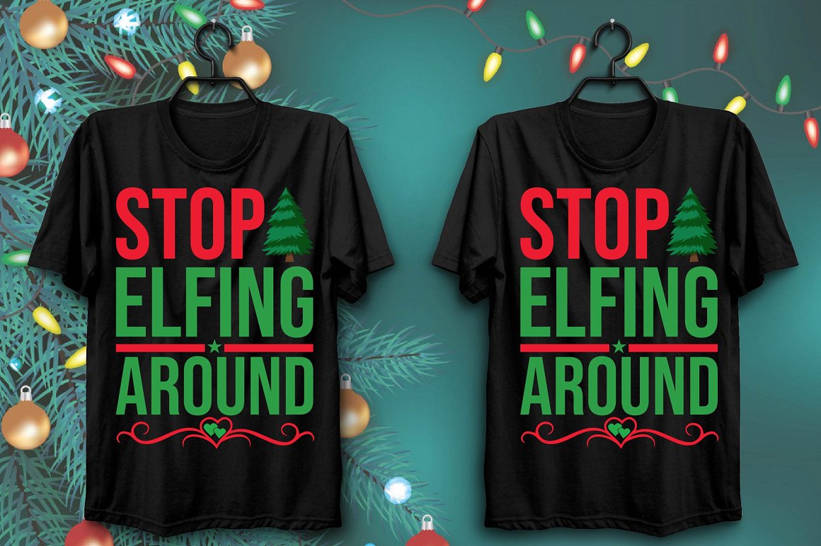 Black T-shirts with a colorful print with a bright inscription and a green Christmas tree.