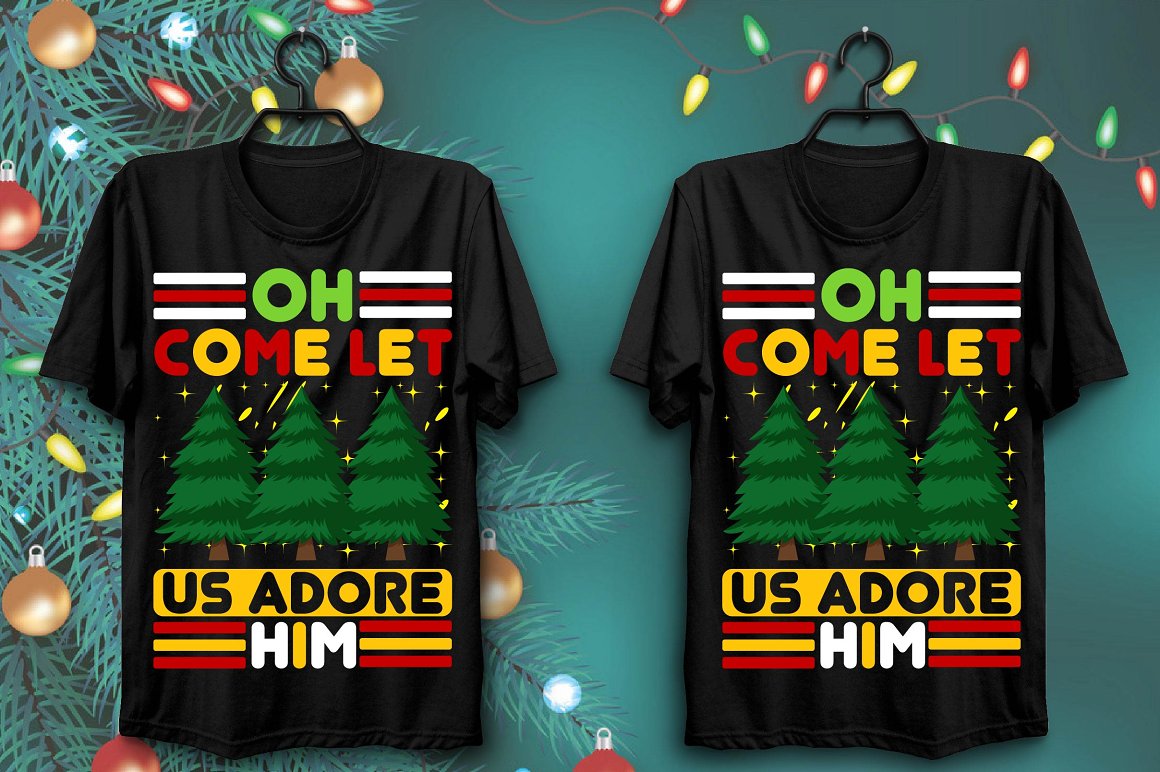 Black t-shirts with a colorful print with bright lettering and Christmas trees.