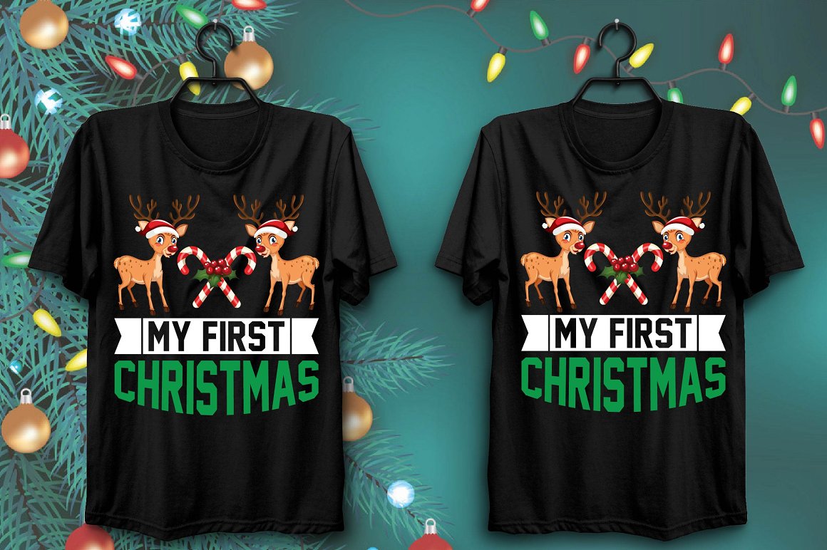 T-shirts with a colorful print of two New Year's deer.