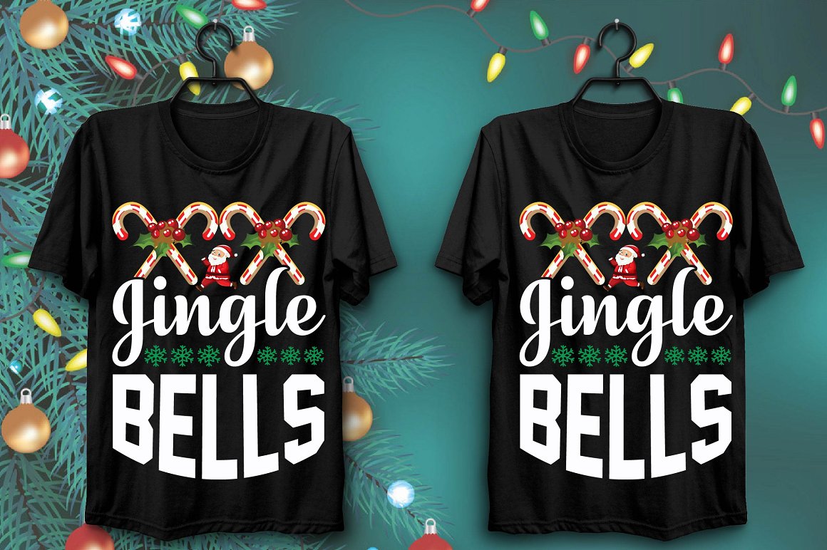 Black T-shirts with colorful Christmas candy print and fun slogan.